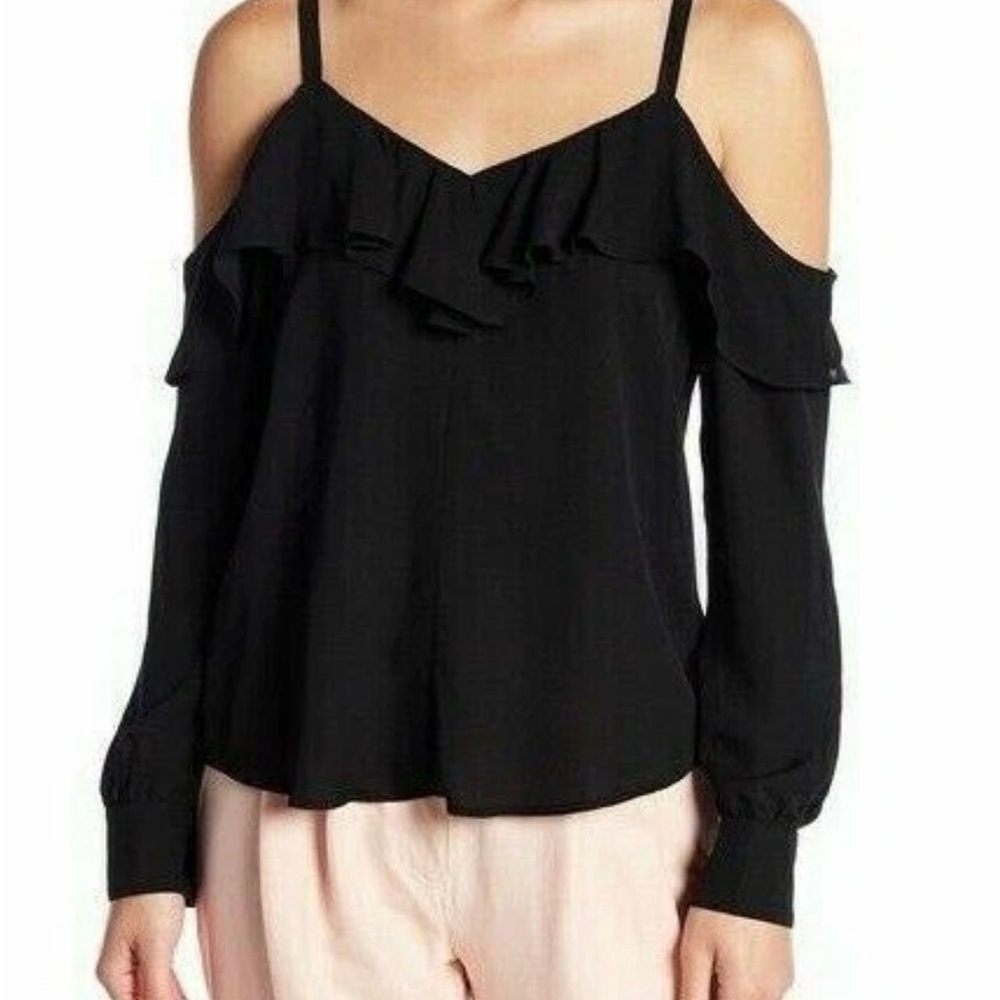 A.L.C. Women’s Black FELIX Cold Shoulder Ruffle Trim Long Sleeve Silk Top 4